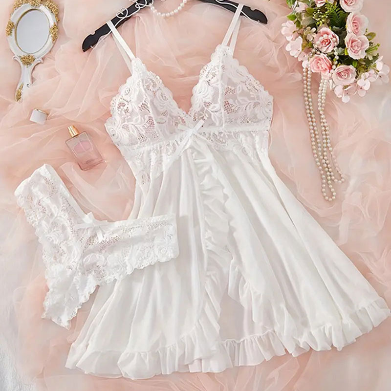 Sheer Lace Nightgown Set with G-String Sleeveless Summer Lingerie