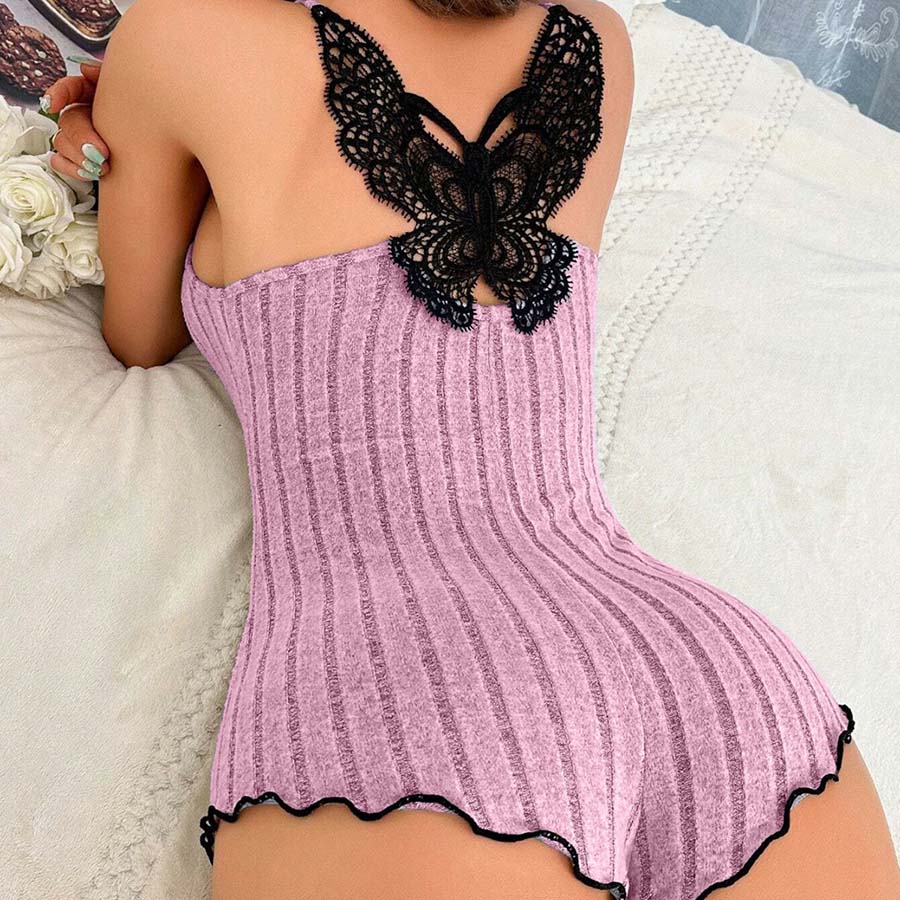 Womens Lace Trim Pajama Set with V Neck Sleeveless Top and Shorts