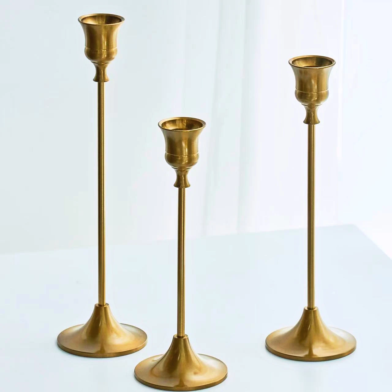 3 Piece Brass Gold Candlestick Holder Set for Stick Candles and Event Decor