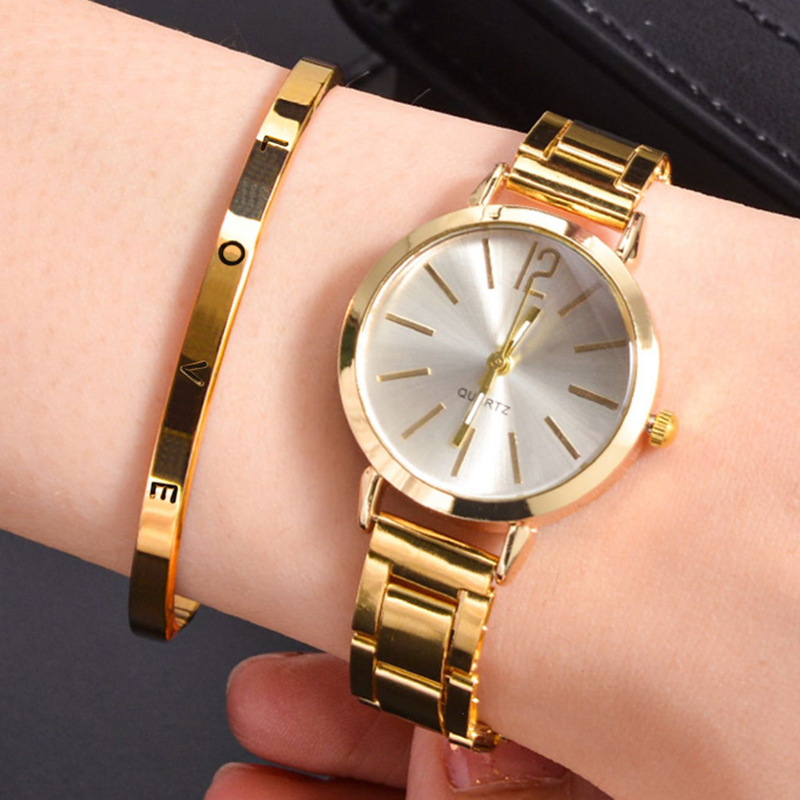 2 Piece Womens Quartz Watch and Bracelet Set with Small Round Dial and Stainless Steel Band