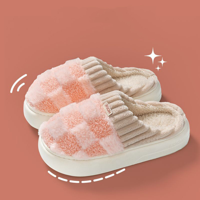 Women's Plaid Fluffy Winter Slippers with Plush Insole and Non-Slip PVC Sole