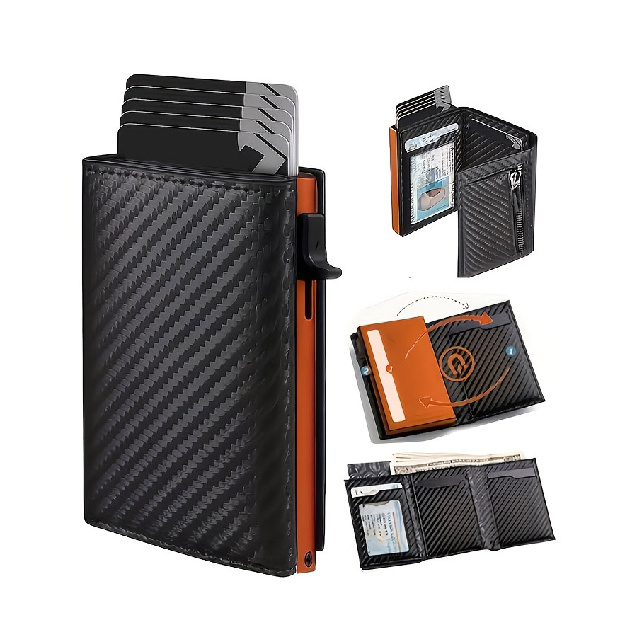 Men's RFID Blocking Wallet with Pop Up Card Holder and Zipper Coin Pocket