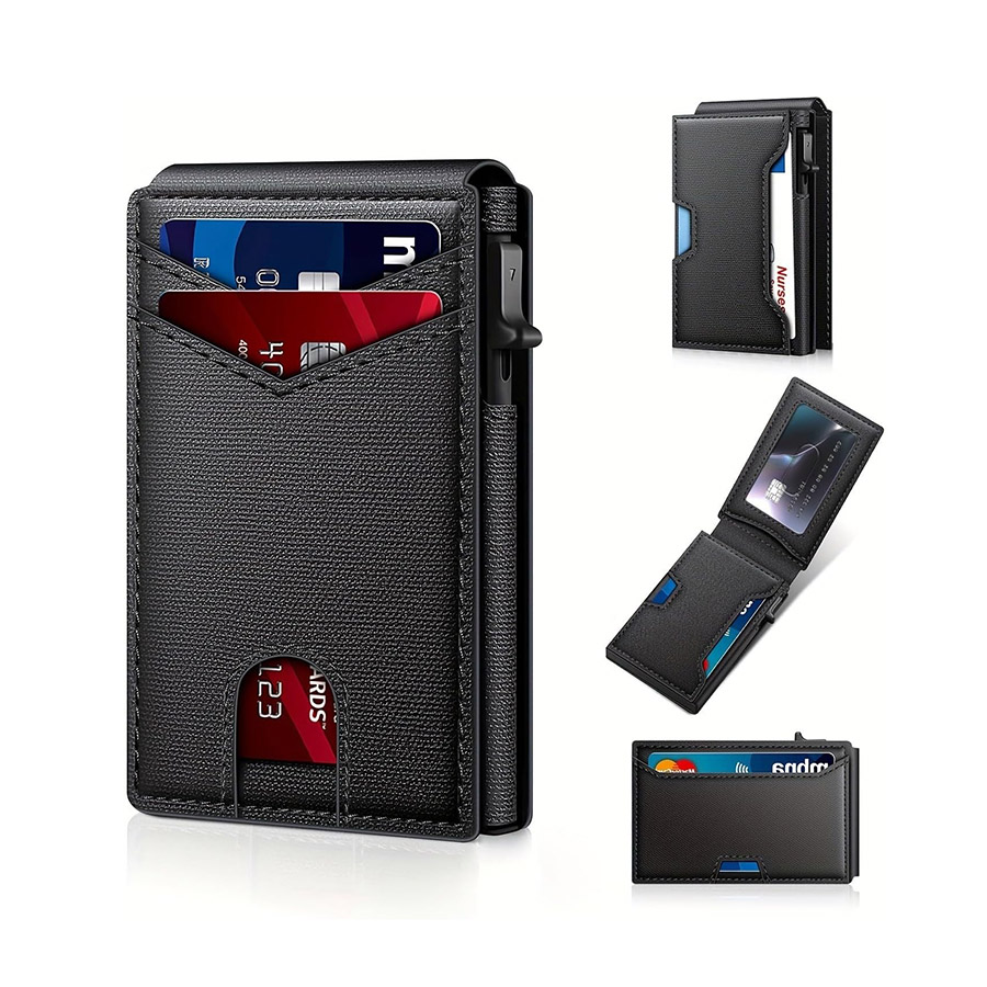 RFID Blocking Pop Up Wallet with Microfiber Leather and Aluminum Card Holder