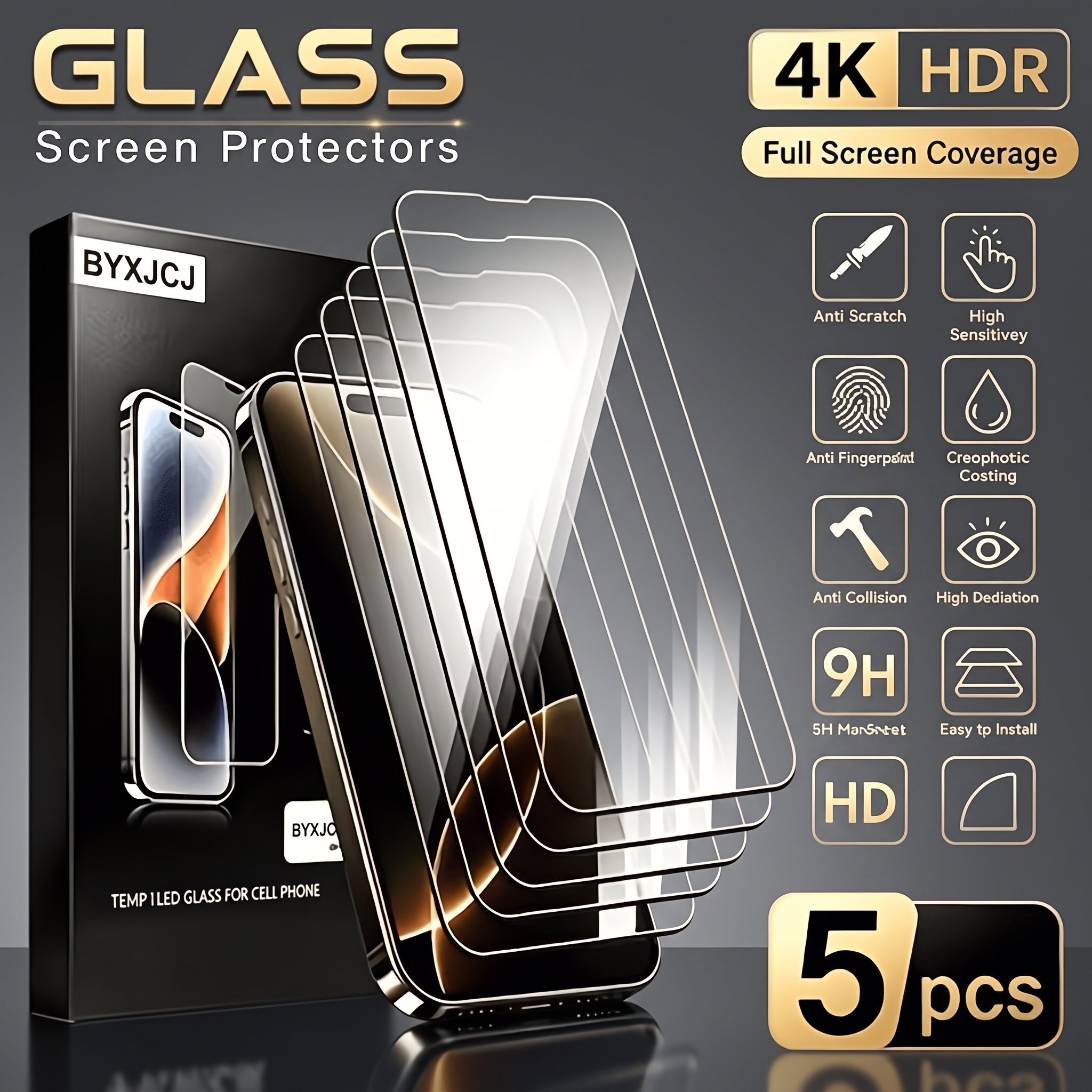 5 Pack Tempered Glass Screen Protectors with Full Coverage Anti-Fingerprint Clear Finish