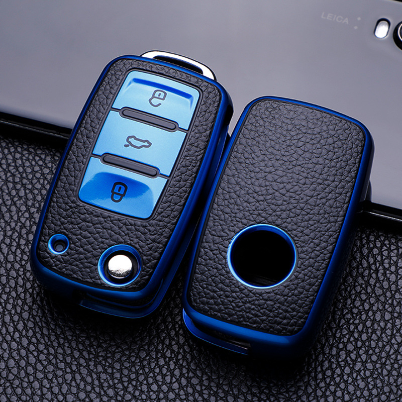 Leather TPU Car Key Case,Full Cover Protection for VW Volkswagen Polo, Tiguan, Passat, Golf, Jetta,Lavida, Skoda Octavia