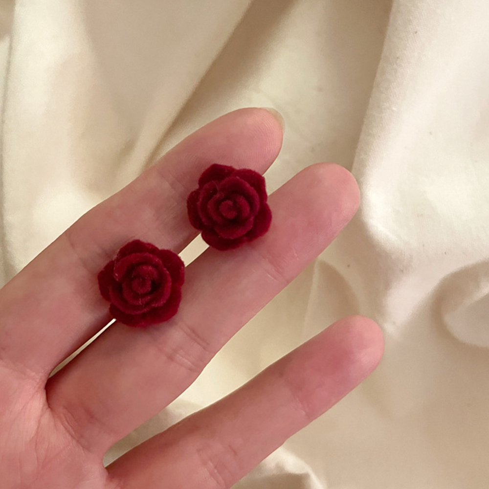 Wine Red Flower Earring Elegant, Simple Vintage Flocked Rose Stud Earrings For Women, Silver Needle Christmas Jewelry