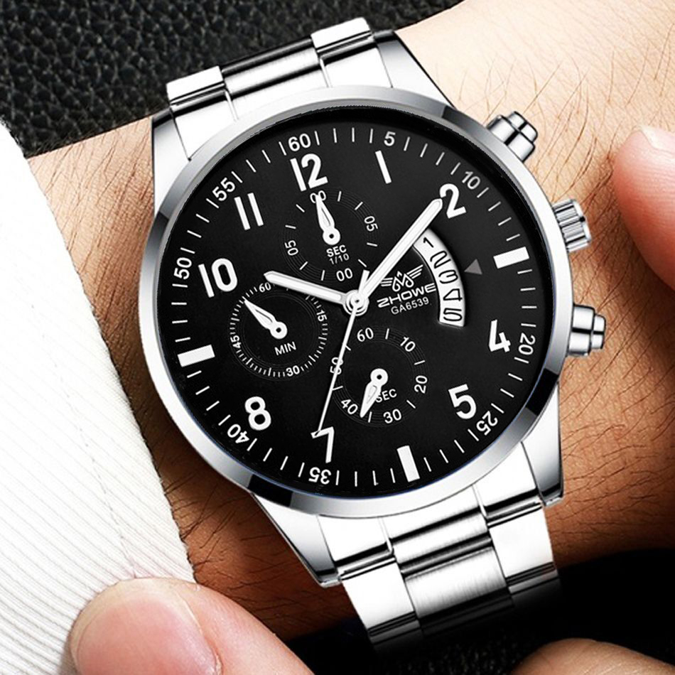 Luxury Mens Quartz Watch with Calendar Stainless Steel Business Wristwatch