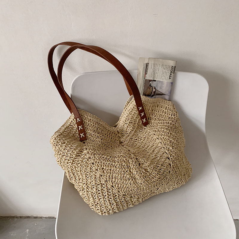 Large Capacity Straw Woven Beach Tote Bag Handmade Summer Shoulder Handbag