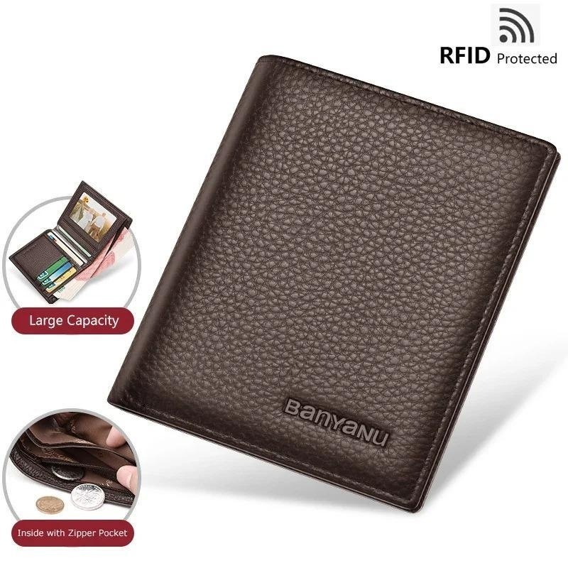 Genuine Leather RFID Blocking Slim Wallet for Men Vertical Card Holder with Coin Pocket