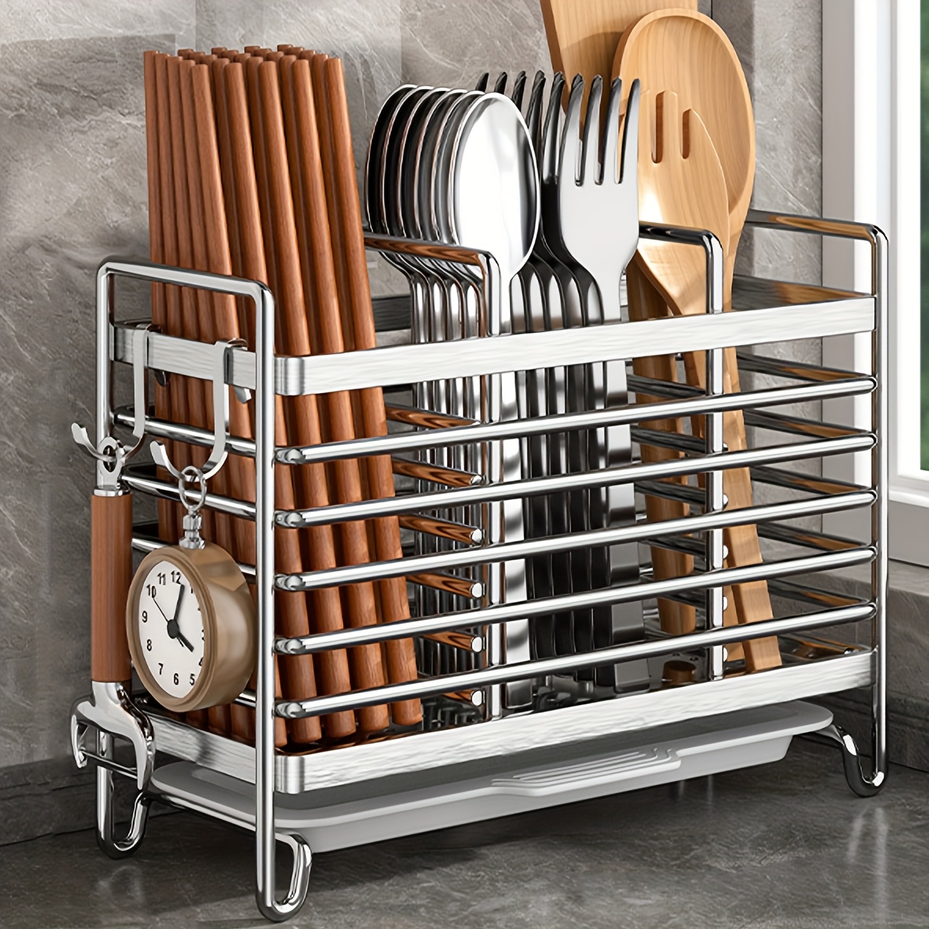 Wall Mounted Utensil Holder No Drill Stainless Steel Space Saving Kitchen Rack