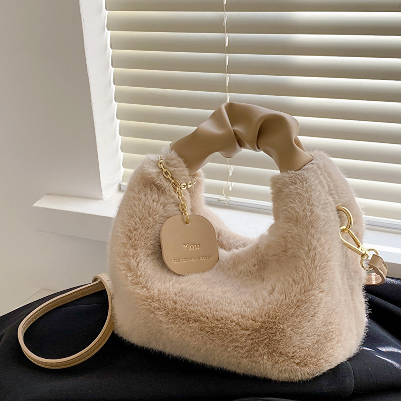 Faux Fur Plush Half Moon Shoulder Bag for Women Soft Crossbody Winter Handbag