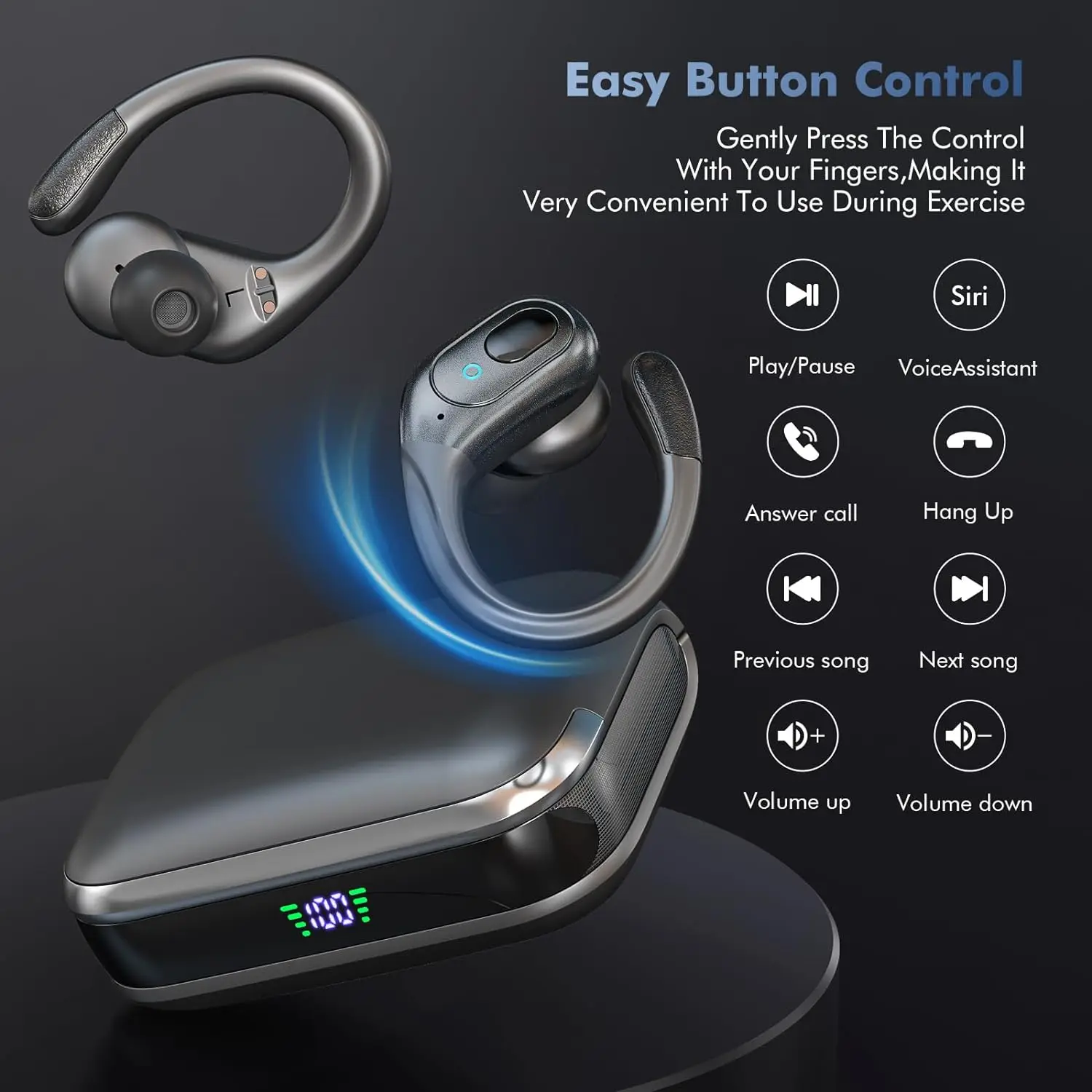 Wireless Earbuds with Earhook Bluetooth Sport Headphones with Noise Cancelling & Long Playtime