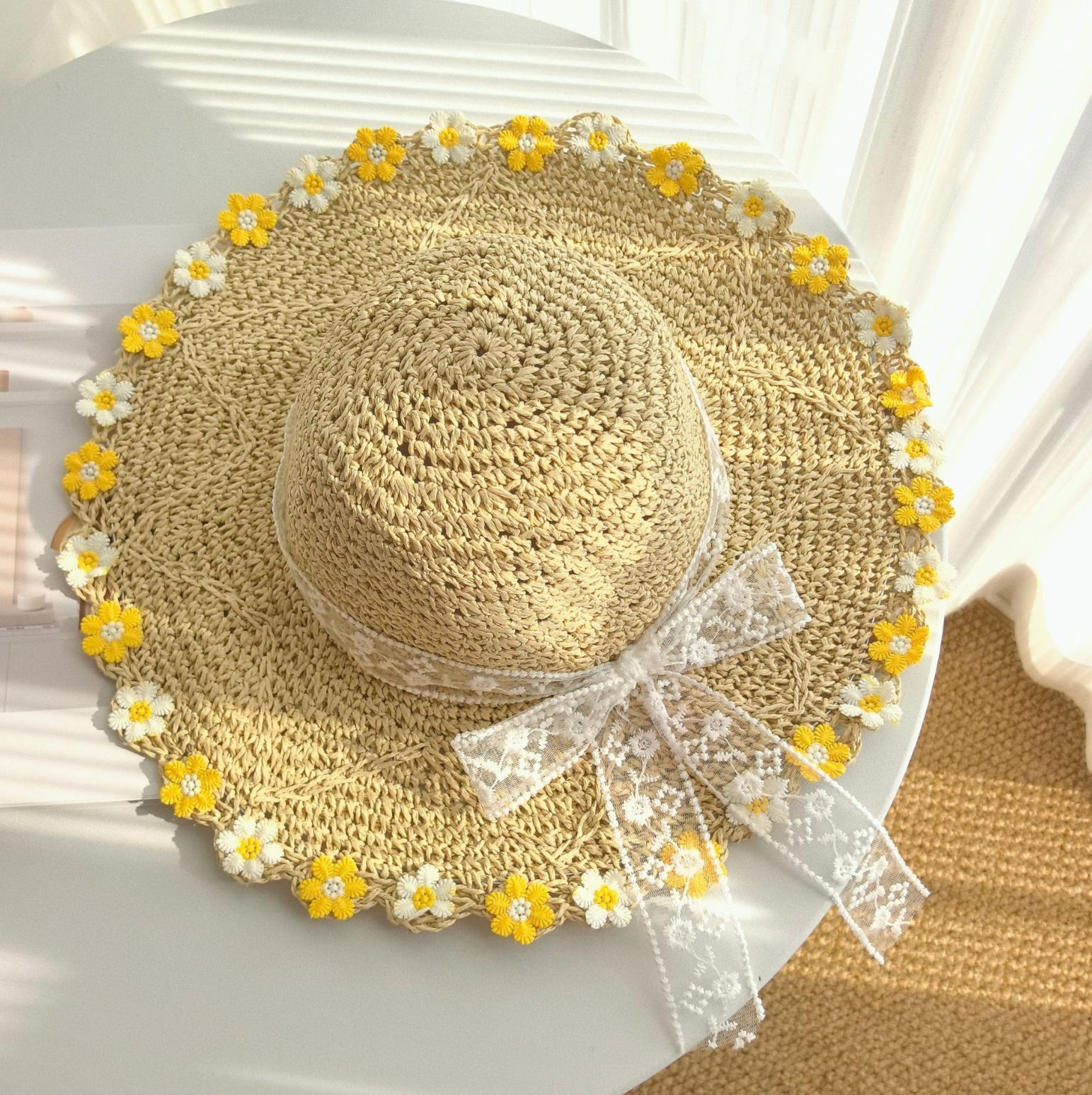 Daisy Woven Straw Sun Hat with Wide Brim for Beach Travel and Summer UV Protection