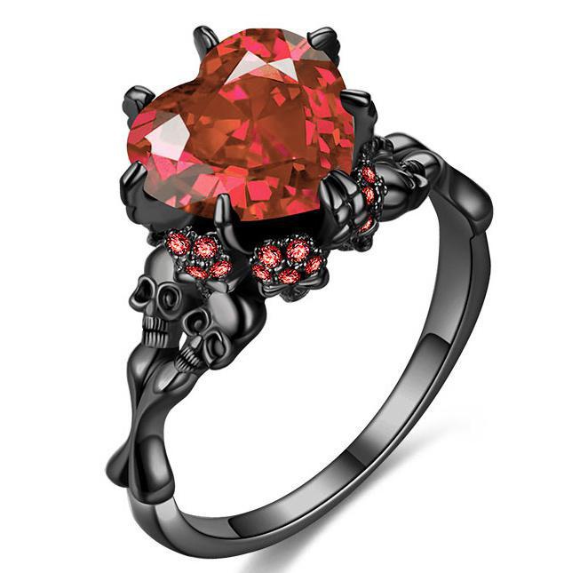Dark Romance Gothic Skull Ring with Red Crystal Heart for Women