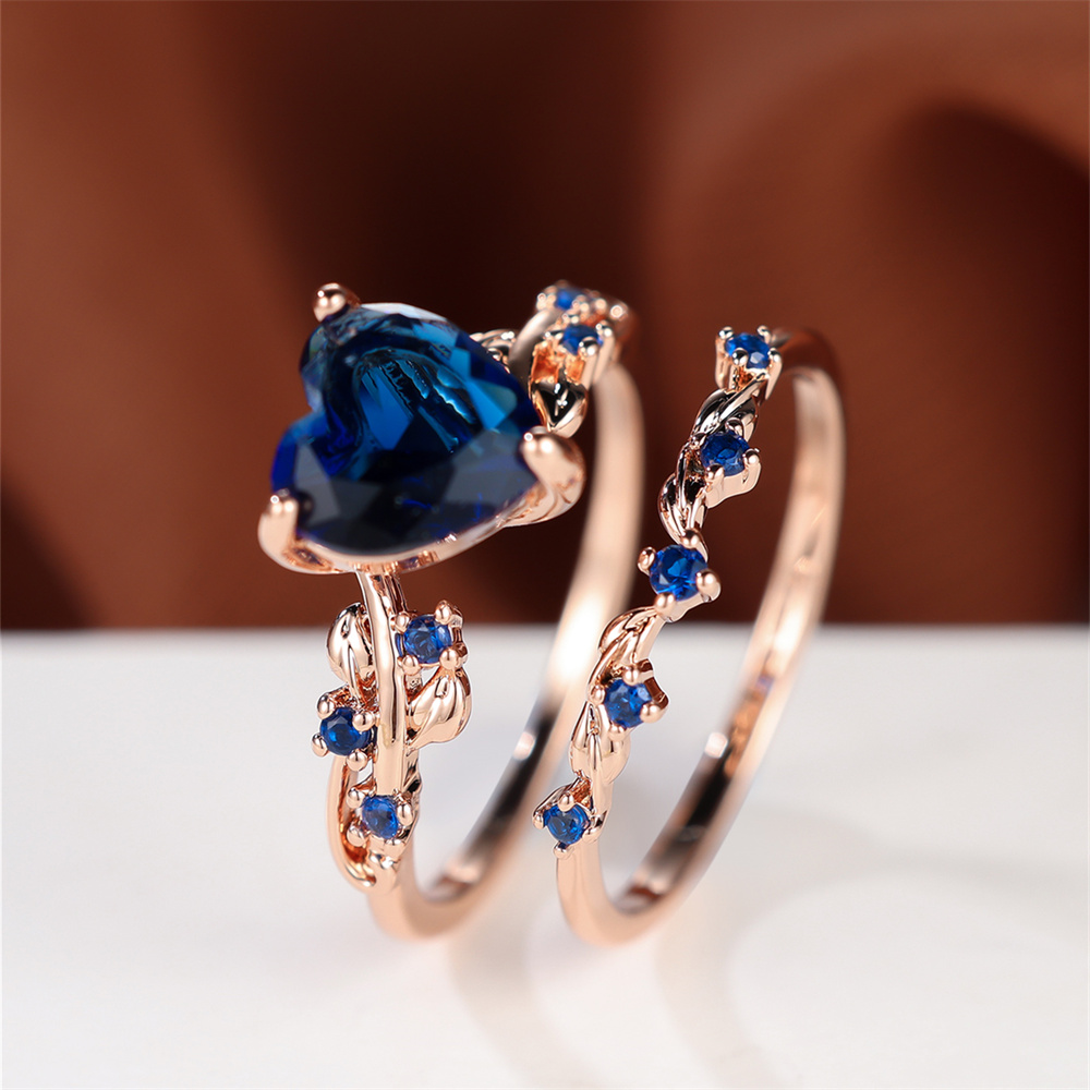 Rose Gold Heart Stone Bridal Ring Set for Women with Zircon Wedding Bands