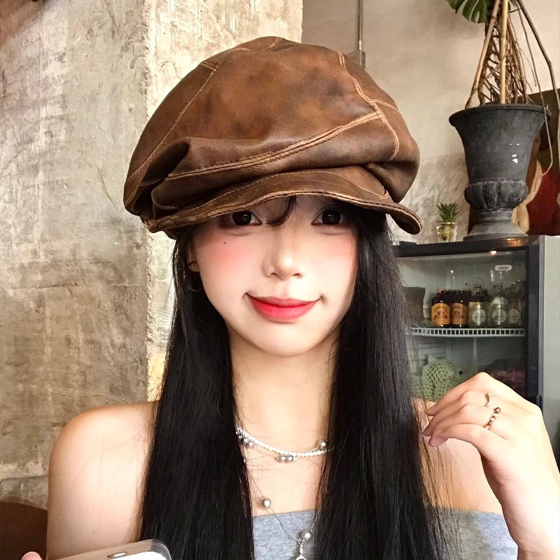 Vintage PU Leather Beret for Women Retro British Newsboy Baker Boy Cap