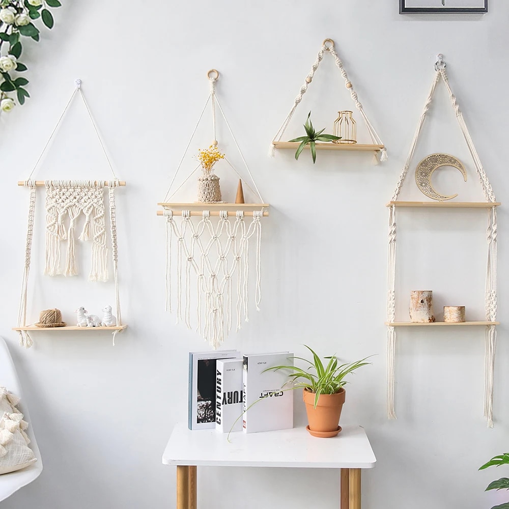 Boho Macrame Wall Hanging Shelf: Wood Decor for Bedroom, Liv | Inspire
