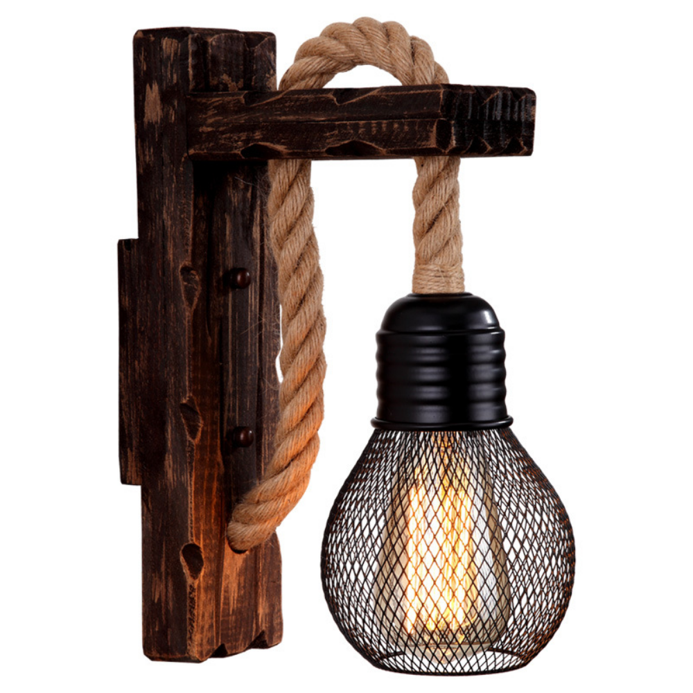 Vintage Wood Hemp Rope Wall Lamp Fixture, Industrial Retro Loft Bedside Hallway Light, American Decor