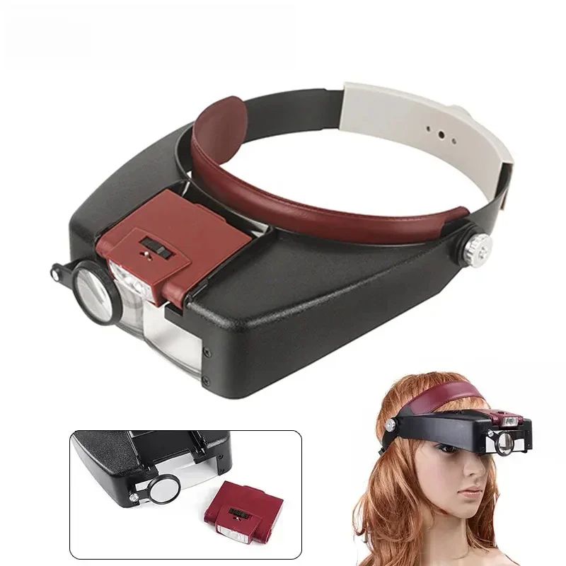 LED Headband Magnifier Glasses, Adjustable Optivisor Loupe for Reading, Crafts & Repair with Bright Dual LEDs
