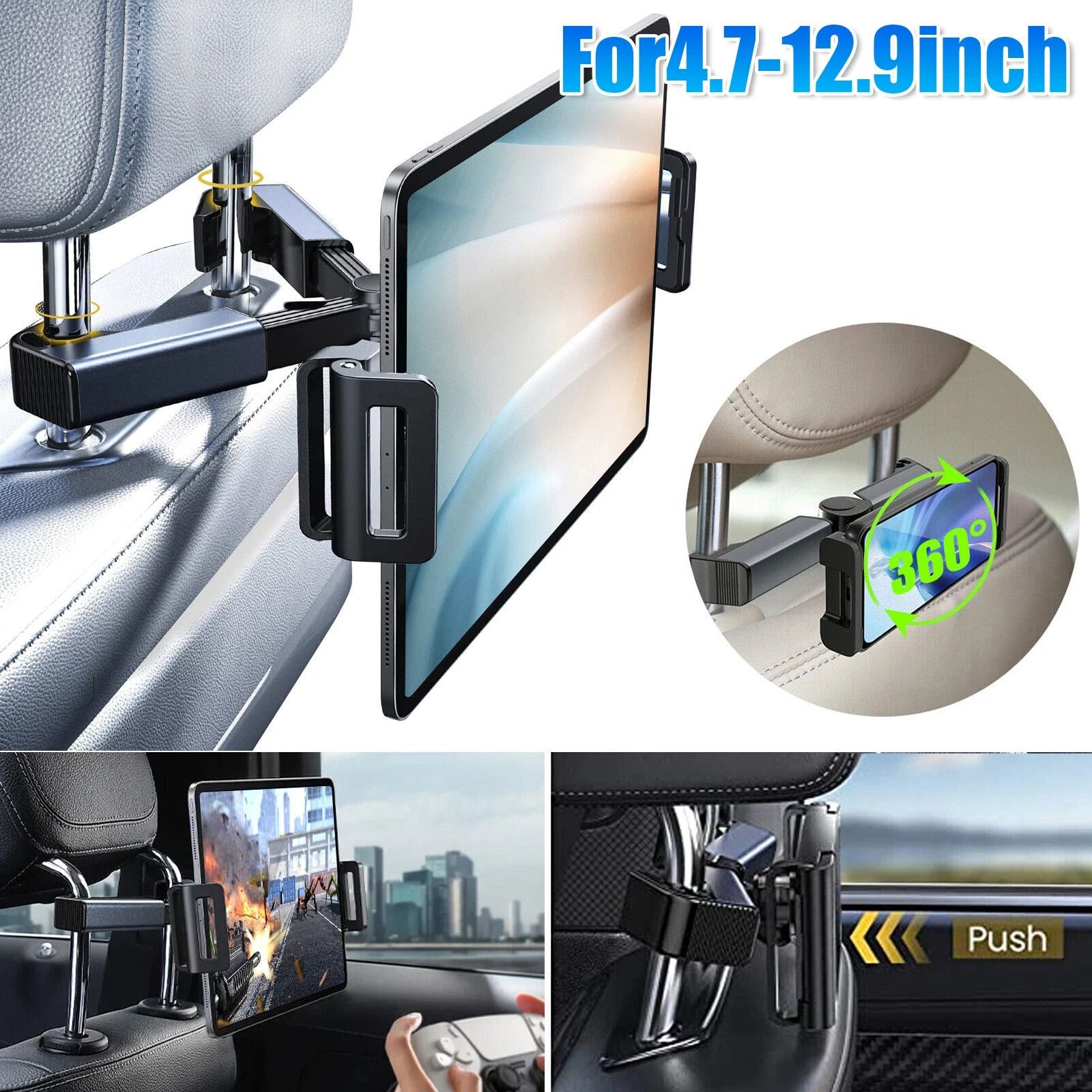 Car Headrest Back Seat Mount Holder Adjustable 4.7-12.9 Tablet Stand for iPhone Samsung 360 Rotation for Backseat
