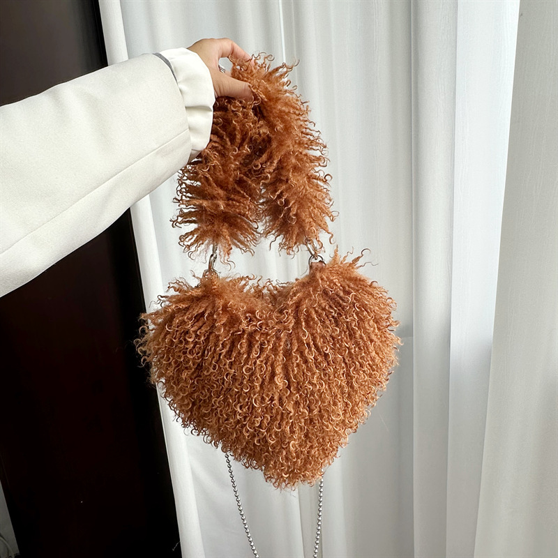 Faux Fur Heart Tote Bag for Women with Long Shoulder Strap 