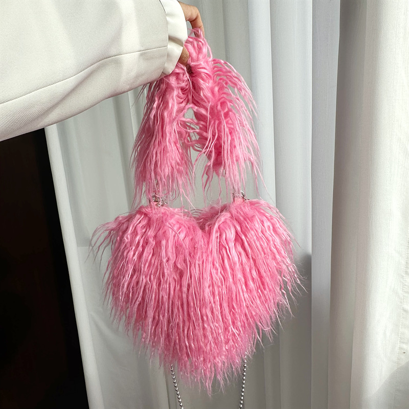 Faux Fur Heart Tote Bag for Women with Long Shoulder Strap  display picture 2