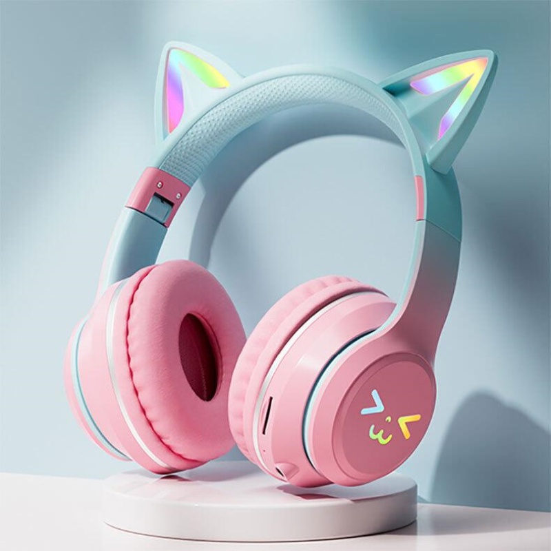 Wireless Cat Ear Headphones Bluetooth RGB Glow, Gaming Headset with Cable, Original Earphones for Smartphone PC Sport