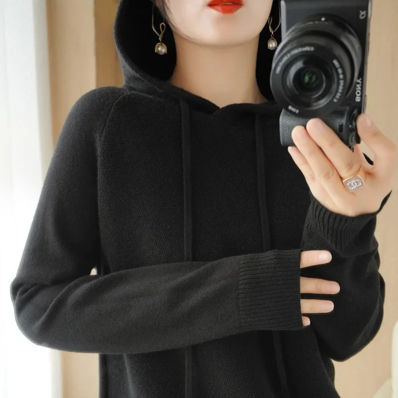 Hooded Sweater Woman, Autumn Winter Warm Knit Tops, Long Sleeve Pullover, Fashion Jumper, Solid Casual Bottoming