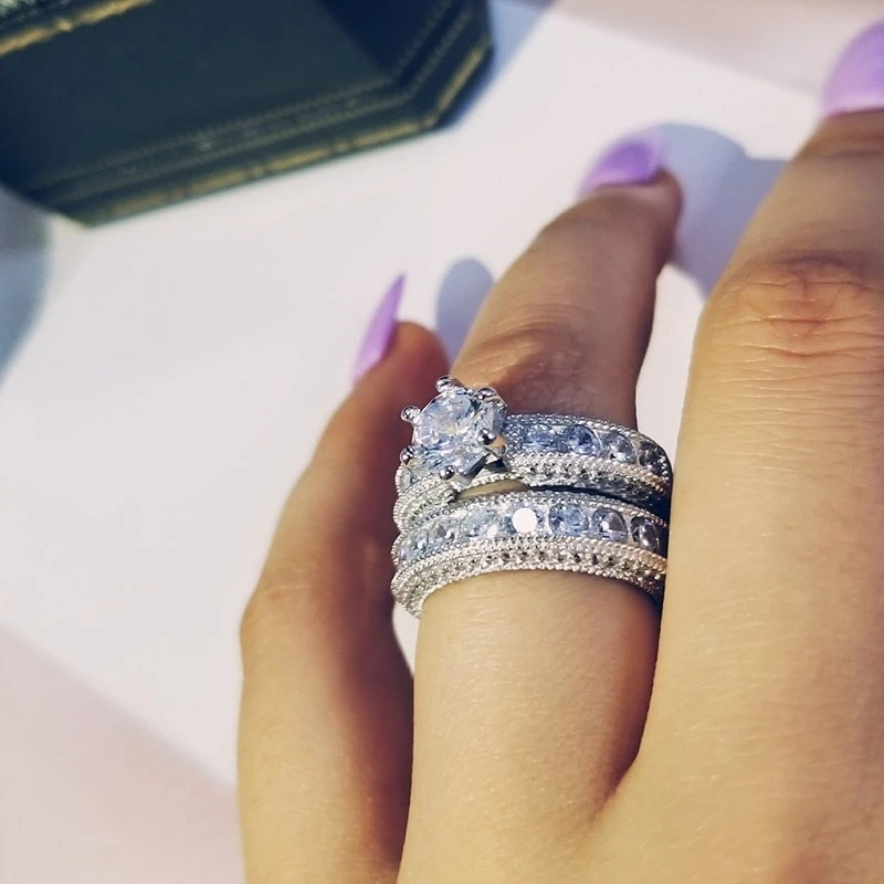 Stunning Silver Zircon Wedding Ring Set - Perfect for Women's Engagement & Anniversary