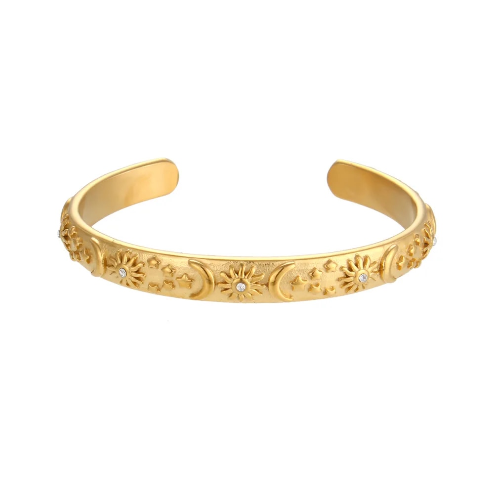 Stainless Steel 18K Gold Star Moon Sun Bracelet with Colorful Zircon Eye, Vintage Aesthetic Jewelry for Women and Girls