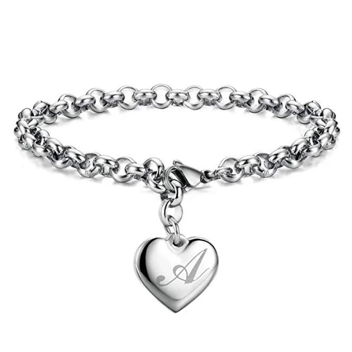 925 Sterling Silver 26-Letter Chain Bracelet: Heart Charm for Women & Men - Cute Personalized Wedding Jewelry Gift