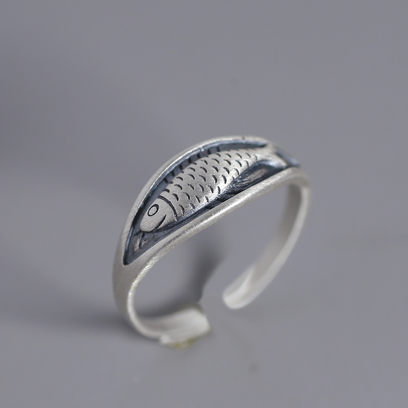 Bohemian Adjustable Fish Retro Ring - 925 Sterling Silver, Geometric Design, Perfect for Party or Birthday Gift