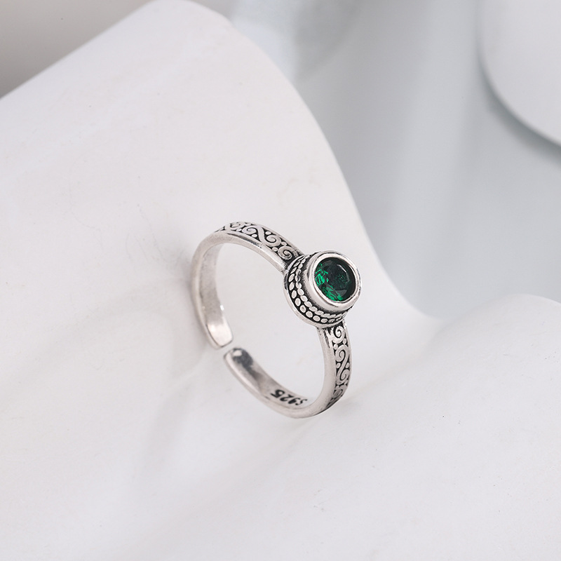 Vintage Thai Silver Green Zircon Open Cuff Rings for Women - New Fashion Jewelry Gift for Party