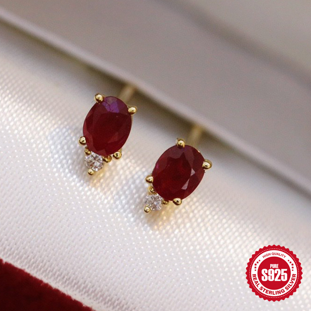 Ruby Zircon Ear Studs: Creative S925 Sterling Silver Earrings for Women's Piercing
