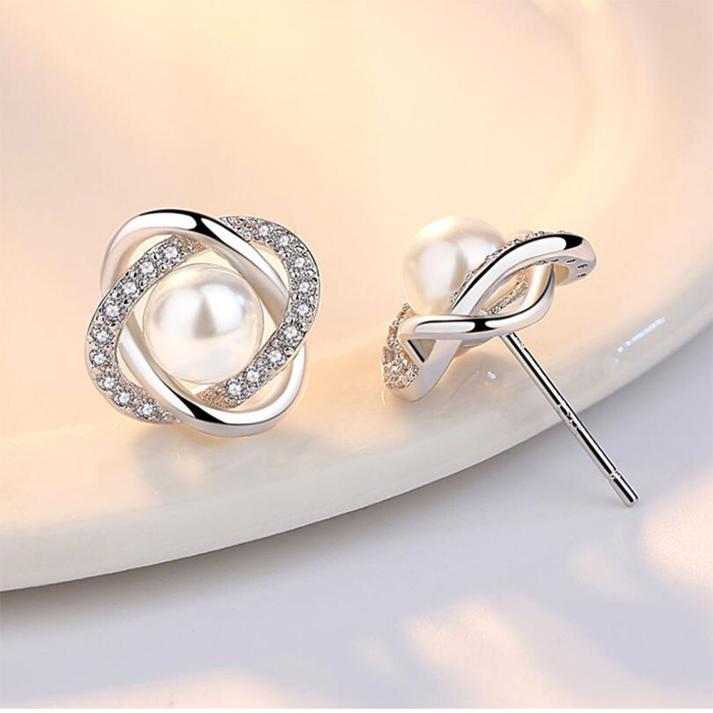 925 Sterling Silver Luxury Stud Earrings with Zircon and Pearl Twist for Women - Elegant Brincos Pendientes Bijoux