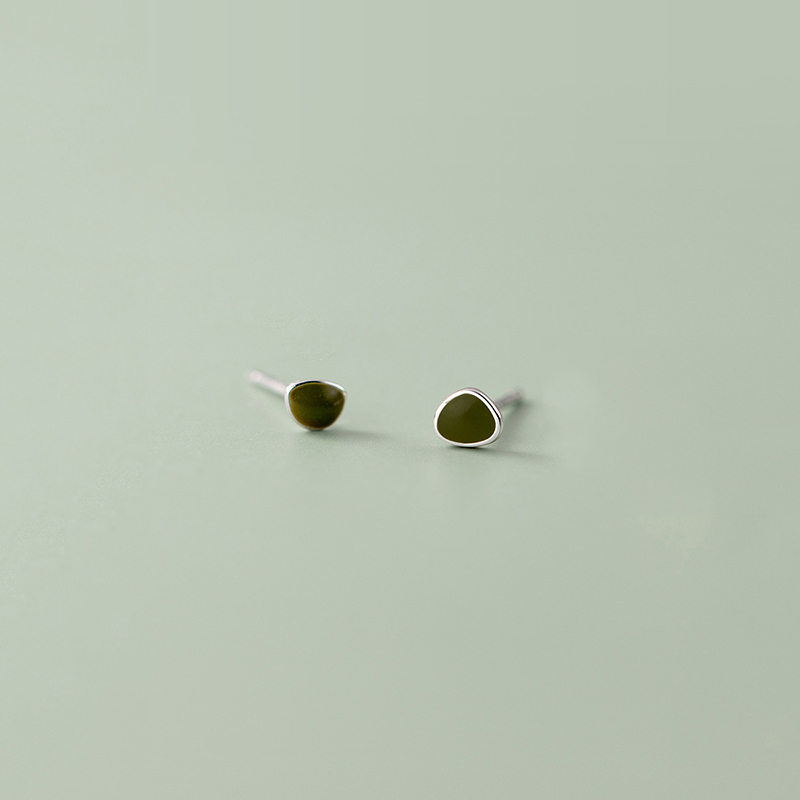 Geometric Green Enamel Stud Earrings in 925 Sterling Silver - Minimalist Women's Jewelry