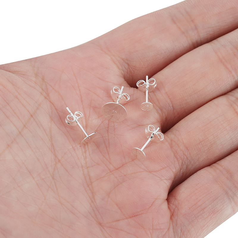 20pcs 925 Sterling Silver Plated Earring Stud Bases: 4-8mm Post Settings for DIY Jewelry Making