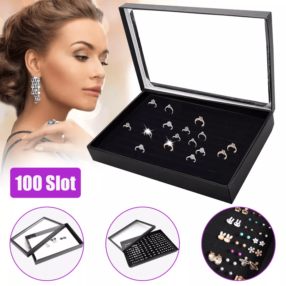 100 Slot Ring Box Jeweller Display Organiser Tray Holder, Leather Ring Storage Case for Earrings, Jewelry, and Gift Coll