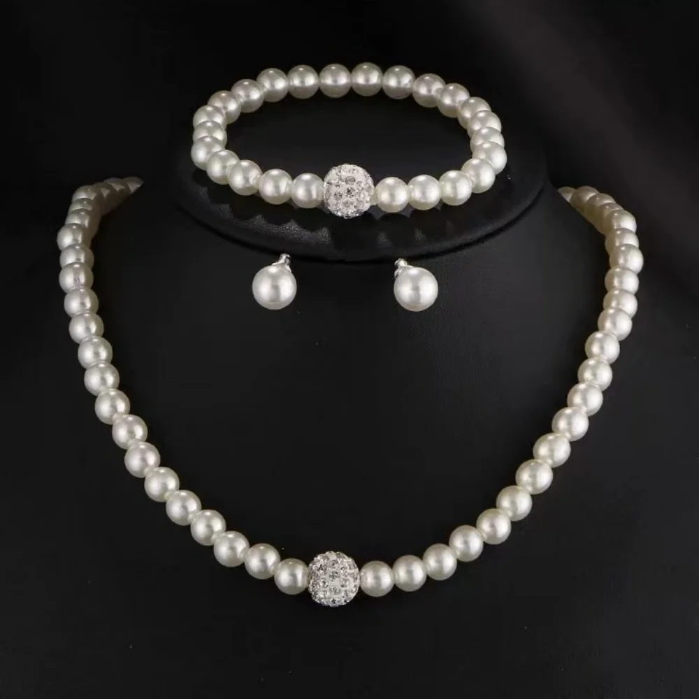 Elegant Imitation Pearl Fireball Necklace Bracelet Earrings Set Silver Color Crystal Stone Bridal Jewelry Gift