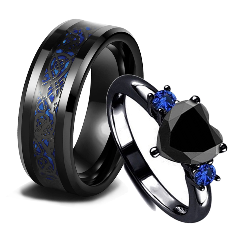 Stainless Steel Celtic Dragon Couple Rings Set with Black Zi | Inspire ...