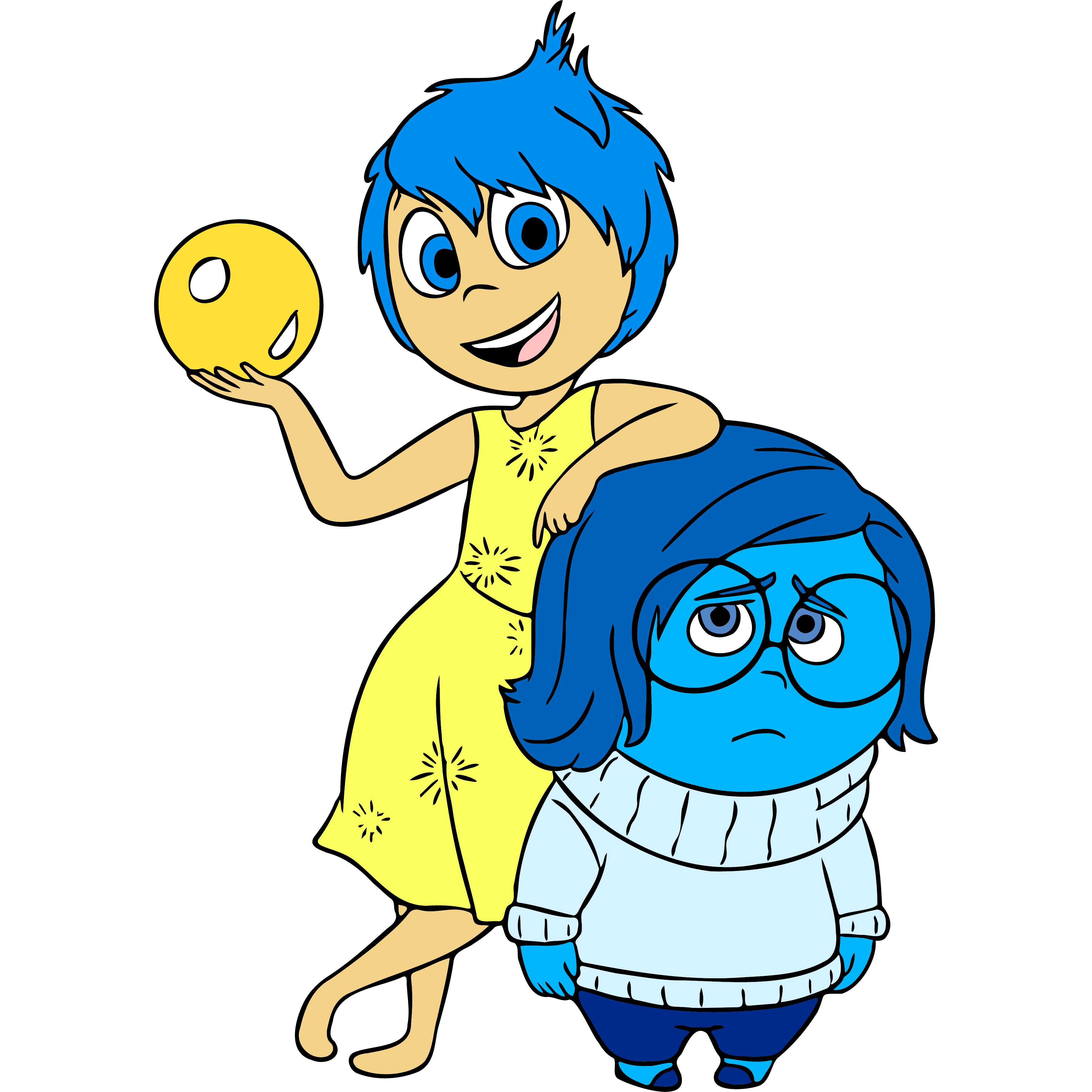 Joy and Sadness embracing from Inside Out animation