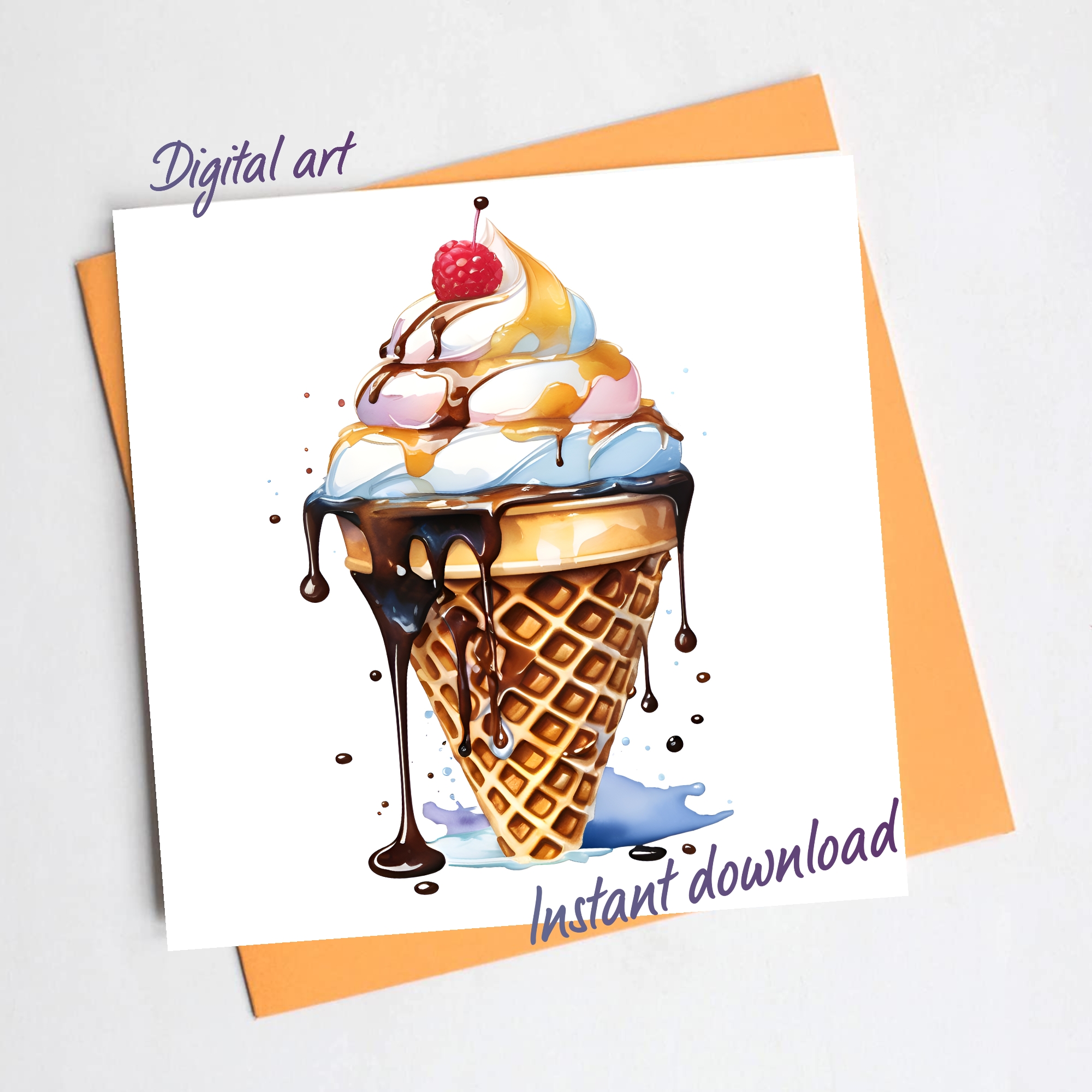 Ice cream in a waffle cone with chocolate topping watercolor | Inspire ...