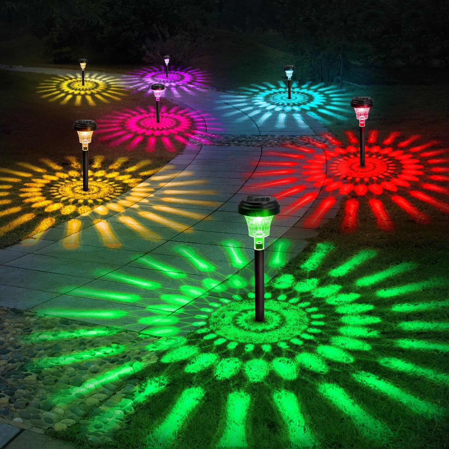 Outdoor Solar Pathway Lights with RGB Color Changing & Warm White Modes, IP Waterproof LED Solar Yard Lamp for Driveway