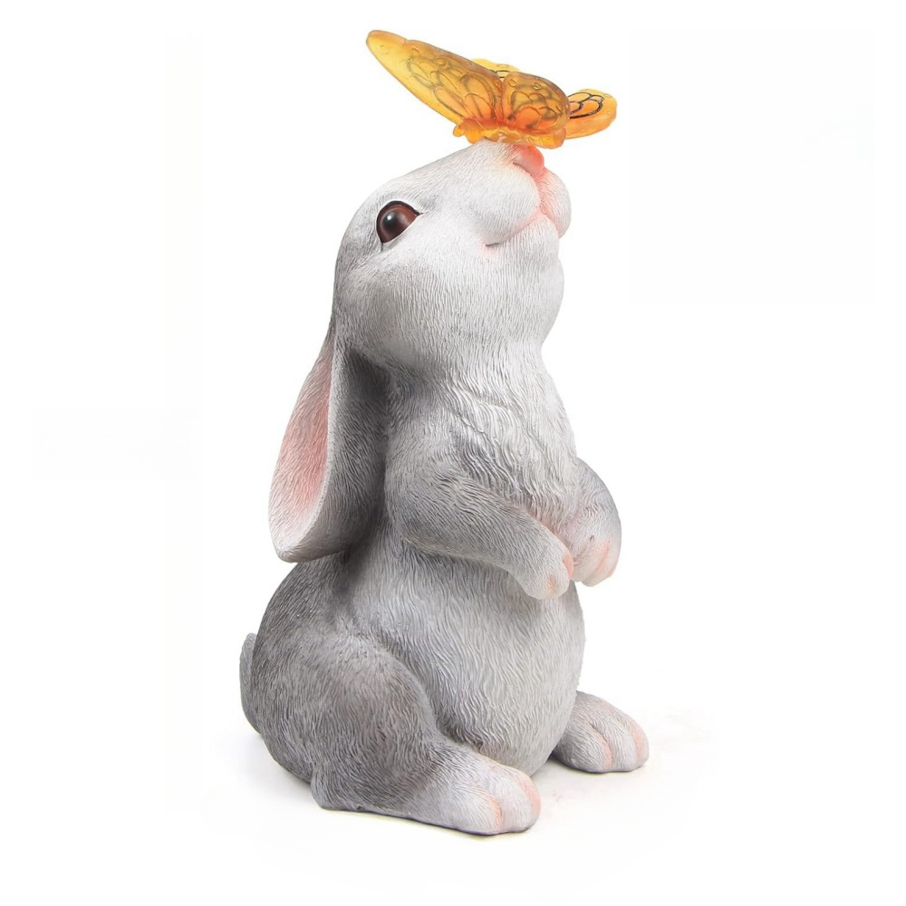 Resin Solar Bunny Statue Garden Decor with LED Butterfly Light, Outdoor Animal Figurine Sculpture for Courtyard, Lawn