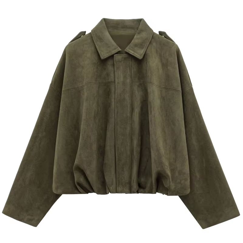 HXAO Womens Bomber Jacket, Suede Cropped Jacket, High Street Racing Style with Lapel and Zipper, Long Sleeve Outerwear