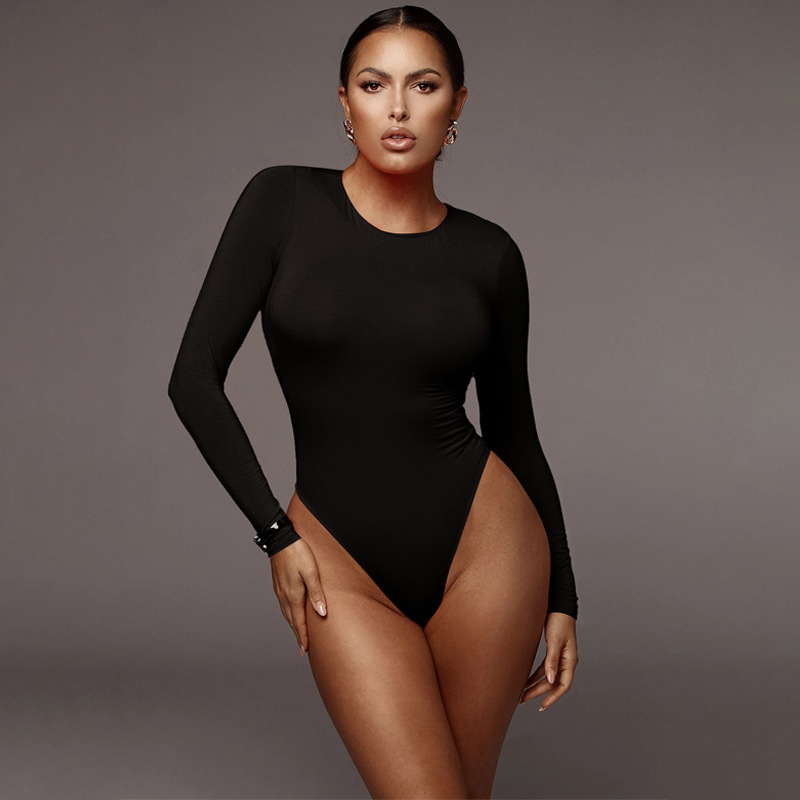 Womens Casual Long Sleeve Bodysuit, Solid Black White Gray Sexy Body Top for Autumn Winter Streetwear