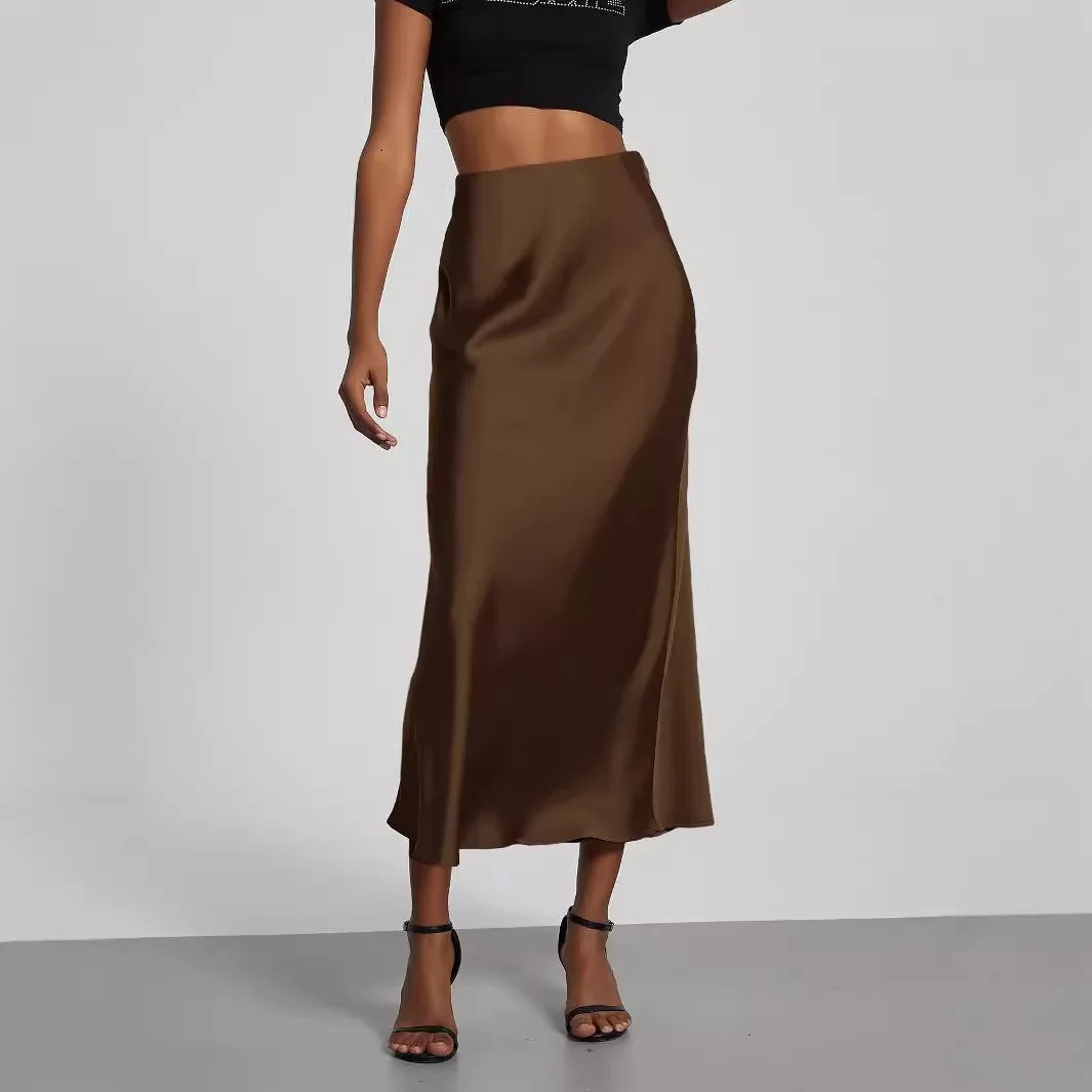 Elegant Satin Midi Skirt, Versatile Solid Color Long Dress, European Style with Bright Light Sensation Elegant Satin Midi Skirt, Versatile Solid Color Long Dress, European Style with Bright Light Sensation