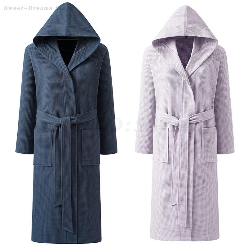 Cotton Waffle Kimono Robe, Long Sleeve Hooded Bathrobe, Couples Sleepwear And Home Loungewear For Spring And Autumn - Men White m | On Spot Shop