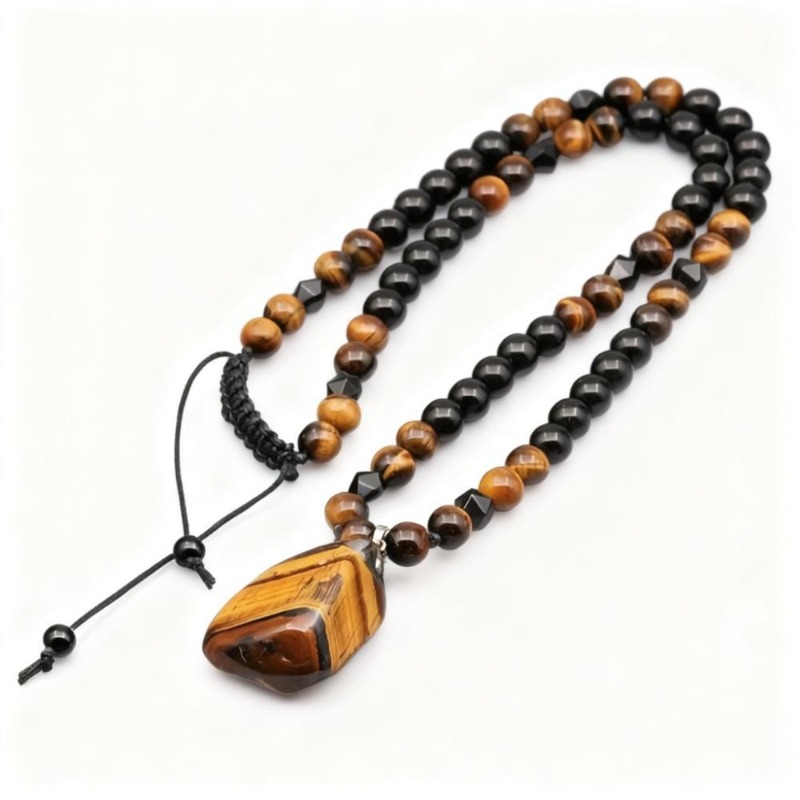 Personalized Tiger Eye Stone Beaded Necklace Irregular Pendant Black Color Men's Fashion Pendant Necklace