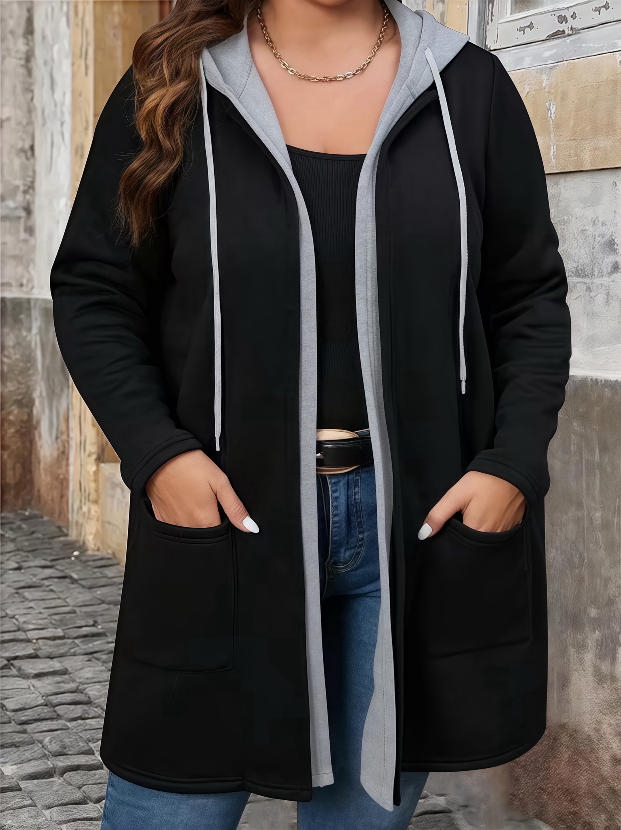 Plus Size Women's Coat, Elegant Solid Color Two-Tone Hooded Cardigan with Pockets and Drawstring for Autumn Winter